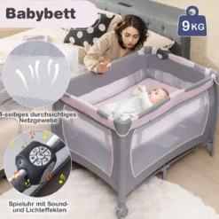 Faltbares Reisebett & Laufstall tragbares Babybett mit Babywiege Wickeltisch Spielbogen Musikbox Lila