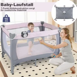 Faltbares Reisebett & Laufstall tragbares Babybett mit Babywiege Wickeltisch Spielbogen Musikbox Lila