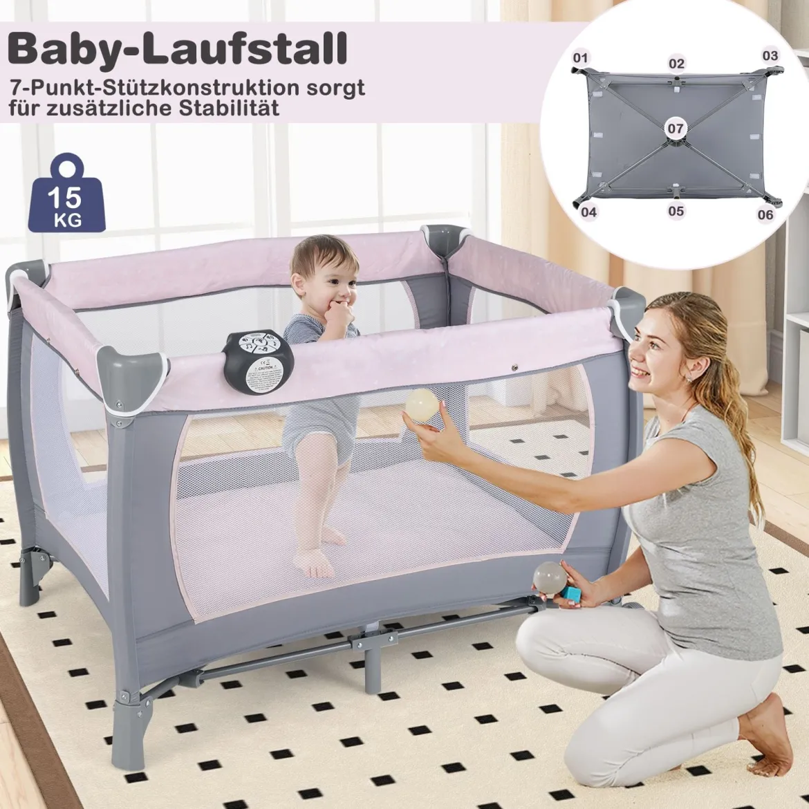 Faltbares Reisebett & Laufstall tragbares Babybett mit Babywiege Wickeltisch Spielbogen Musikbox Lila