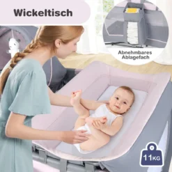 Faltbares Reisebett & Laufstall tragbares Babybett mit Babywiege Wickeltisch Spielbogen Musikbox Lila