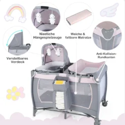Faltbares Reisebett & Laufstall tragbares Babybett mit Babywiege Wickeltisch Spielbogen Musikbox Lila