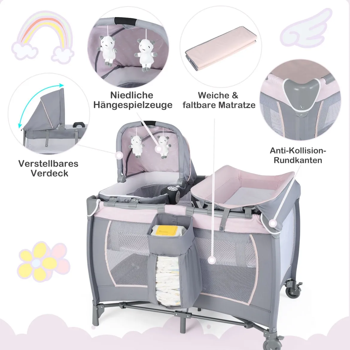 Faltbares Reisebett & Laufstall tragbares Babybett mit Babywiege Wickeltisch Spielbogen Musikbox Lila