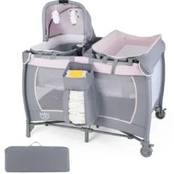 Faltbares Reisebett & Laufstall tragbares Babybett mit Babywiege Wickeltisch Spielbogen Musikbox Lila