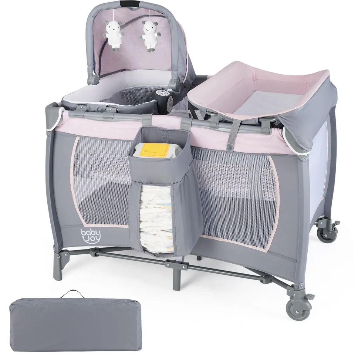 Faltbares Reisebett & Laufstall tragbares Babybett mit Babywiege Wickeltisch Spielbogen Musikbox Lila