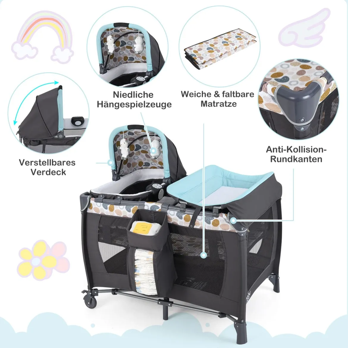 Faltbares Reisebett & Laufstall tragbares Babybett mit Babywiege Wickeltisch Spielbogen Musikbox Blau