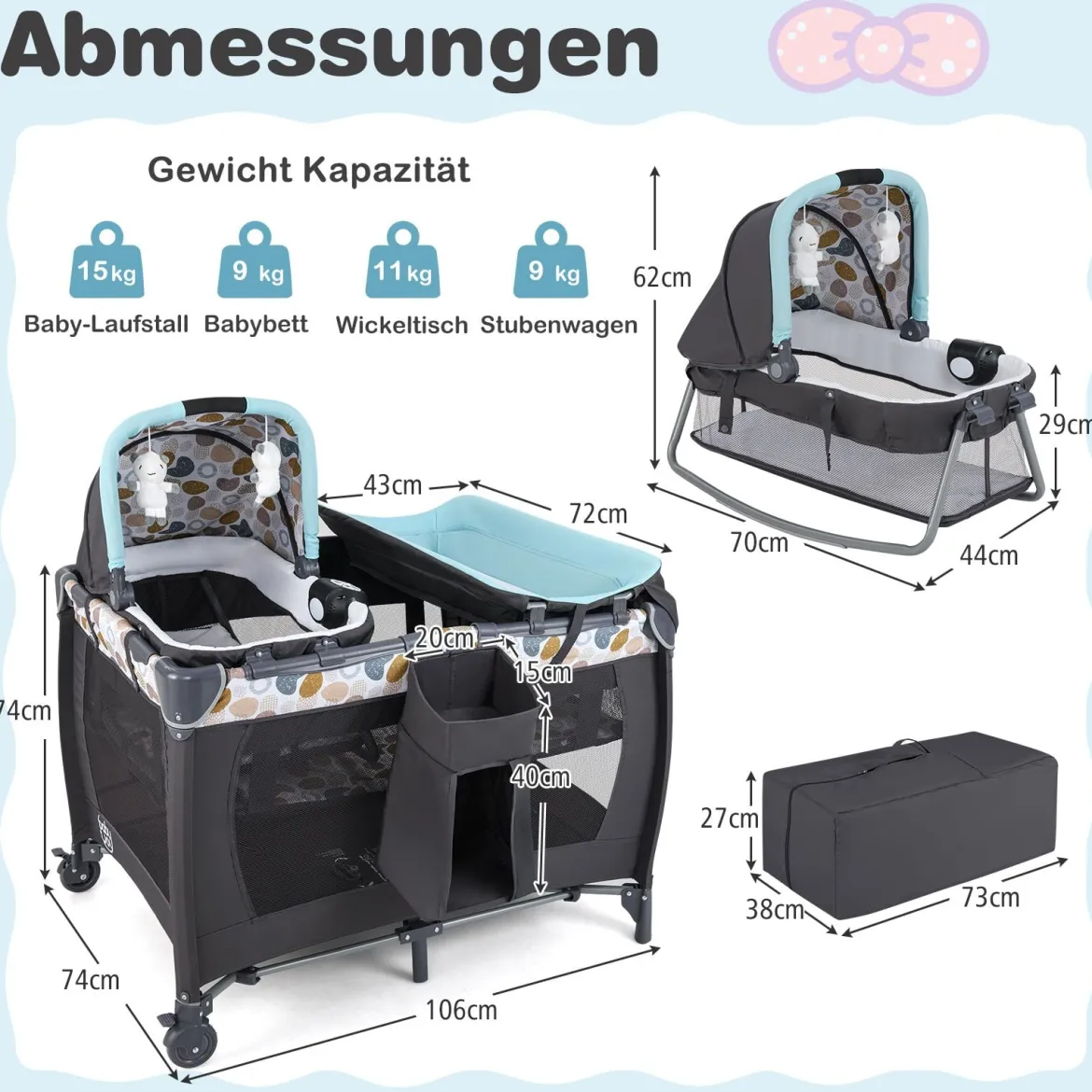 Faltbares Reisebett & Laufstall tragbares Babybett mit Babywiege Wickeltisch Spielbogen Musikbox Blau