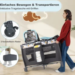 Faltbares Reisebett & Laufstall tragbares Babybett mit Babywiege Wickeltisch Spielbogen Musikbox Blau