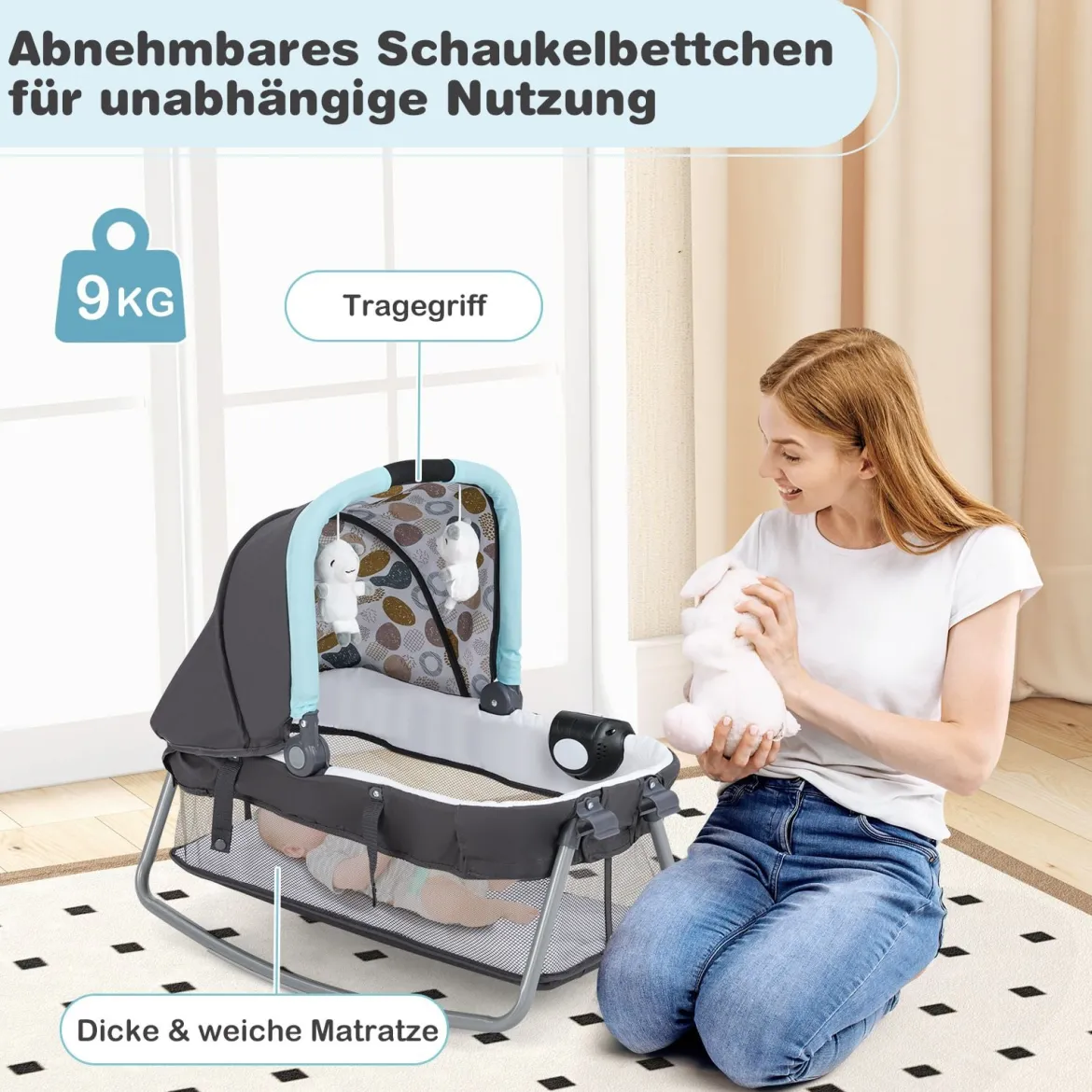Faltbares Reisebett & Laufstall tragbares Babybett mit Babywiege Wickeltisch Spielbogen Musikbox Blau