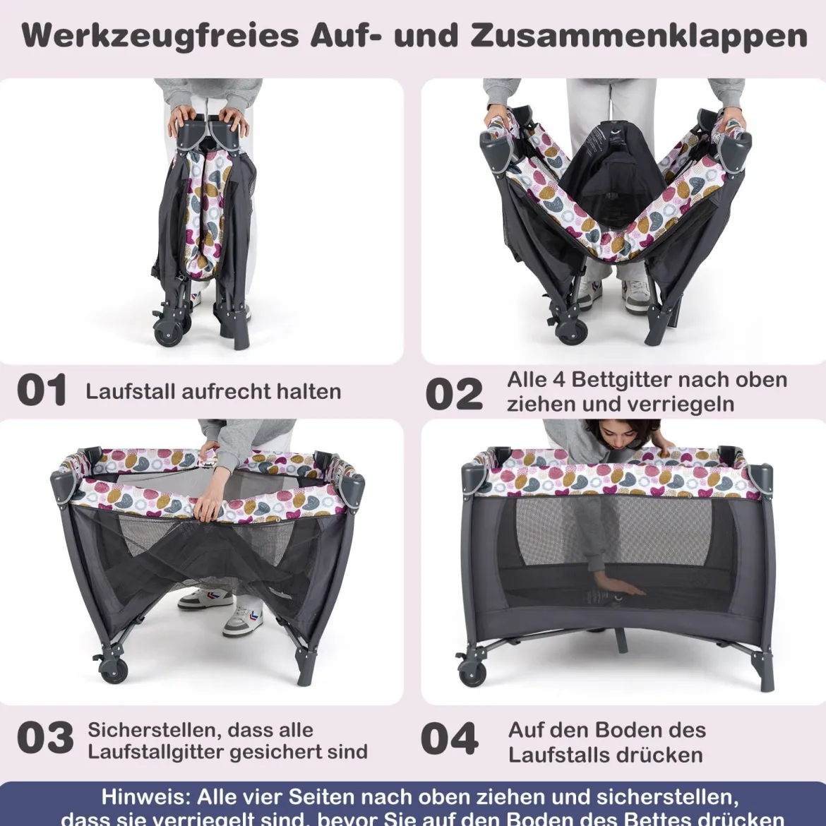 Faltbares Reisebett & Laufstall tragbares Babybett mit Babywiege Wickeltisch Spielbogen Musikbox