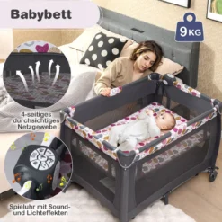 Faltbares Reisebett & Laufstall tragbares Babybett mit Babywiege Wickeltisch Spielbogen Musikbox
