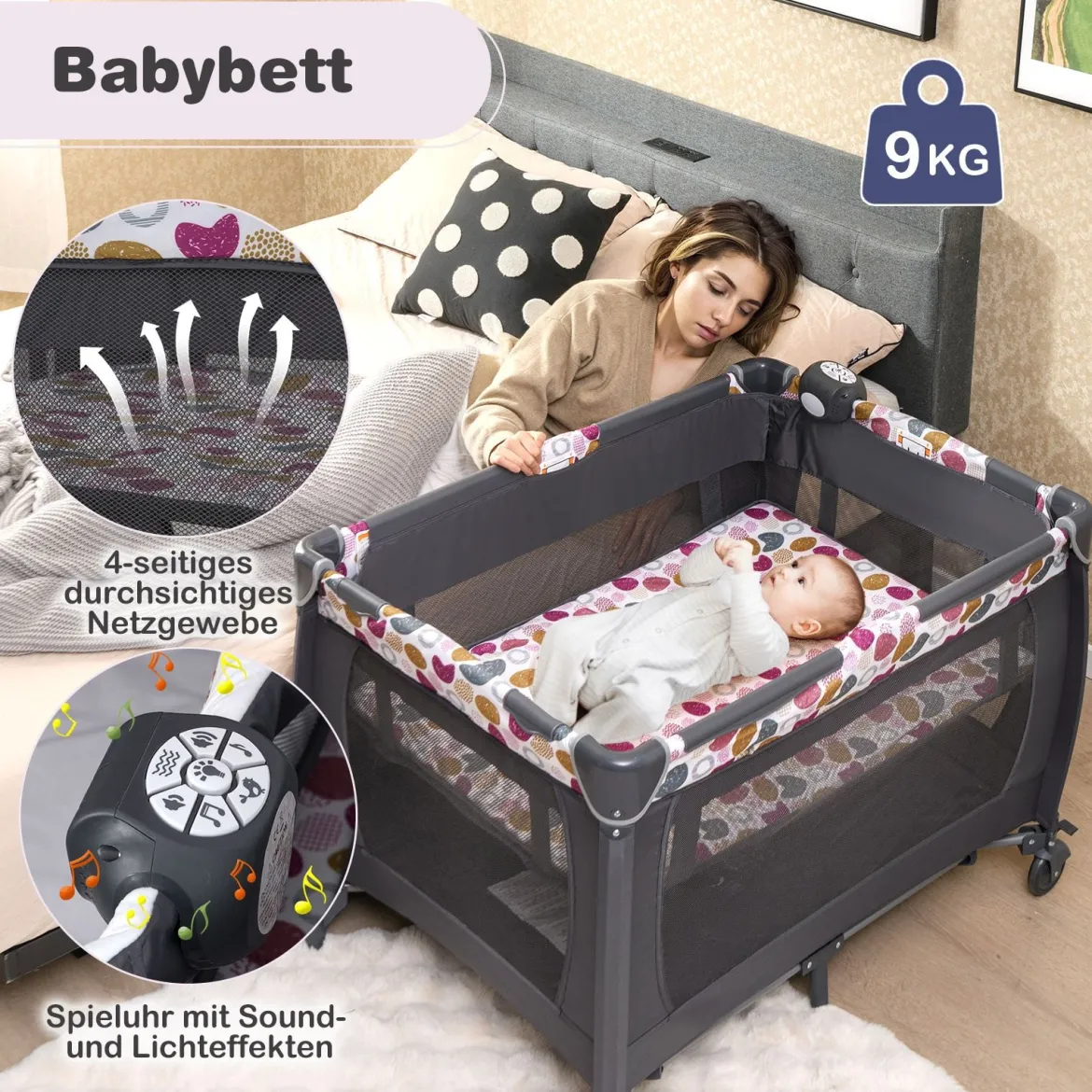 Faltbares Reisebett & Laufstall tragbares Babybett mit Babywiege Wickeltisch Spielbogen Musikbox
