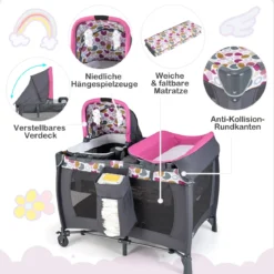 Faltbares Reisebett & Laufstall tragbares Babybett mit Babywiege Wickeltisch Spielbogen Musikbox