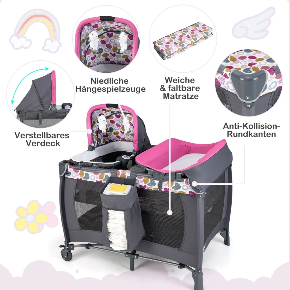 Faltbares Reisebett & Laufstall tragbares Babybett mit Babywiege Wickeltisch Spielbogen Musikbox