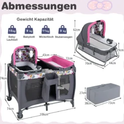 Faltbares Reisebett & Laufstall tragbares Babybett mit Babywiege Wickeltisch Spielbogen Musikbox