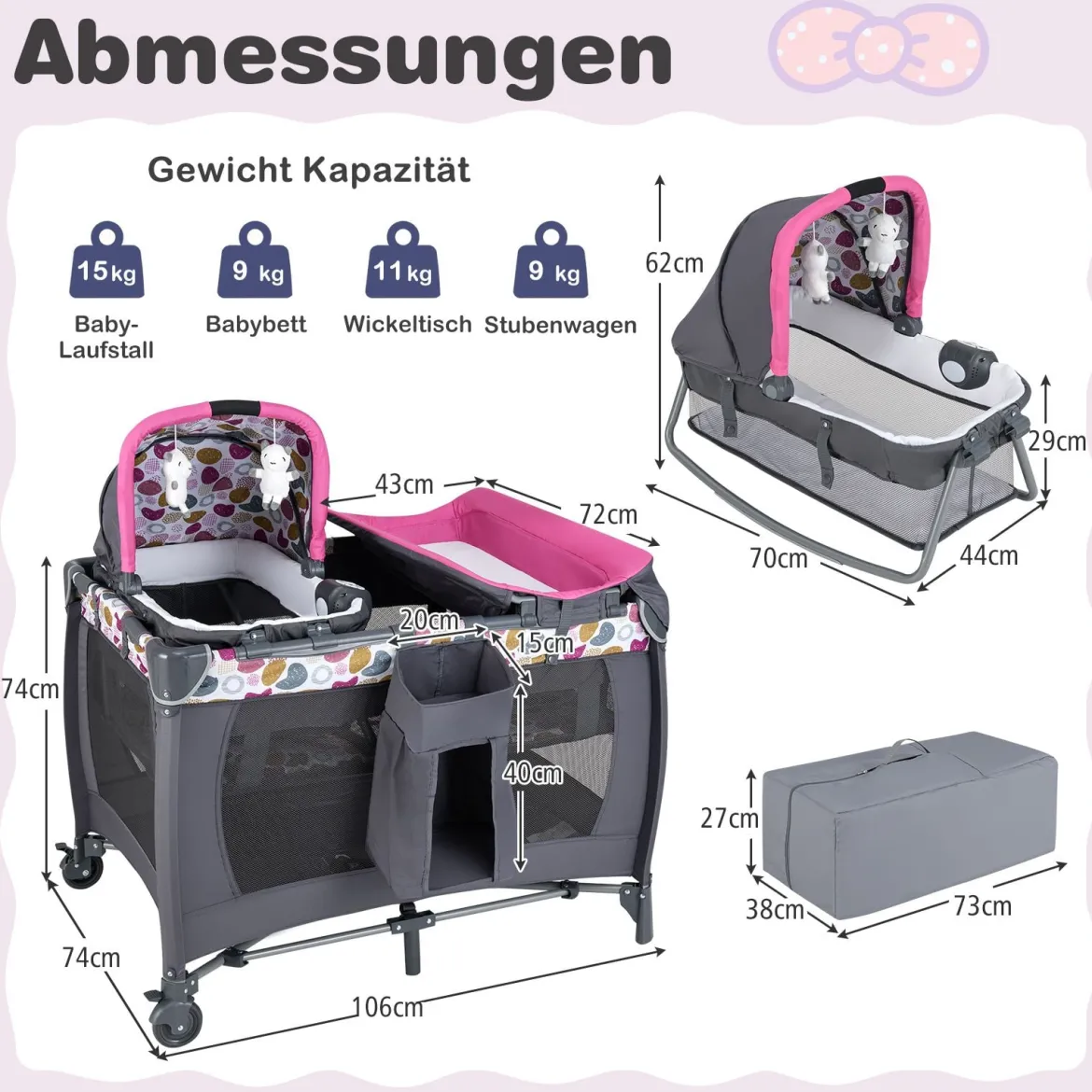 Faltbares Reisebett & Laufstall tragbares Babybett mit Babywiege Wickeltisch Spielbogen Musikbox
