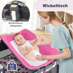 Faltbares Reisebett & Laufstall tragbares Babybett mit Babywiege Wickeltisch Spielbogen Musikbox