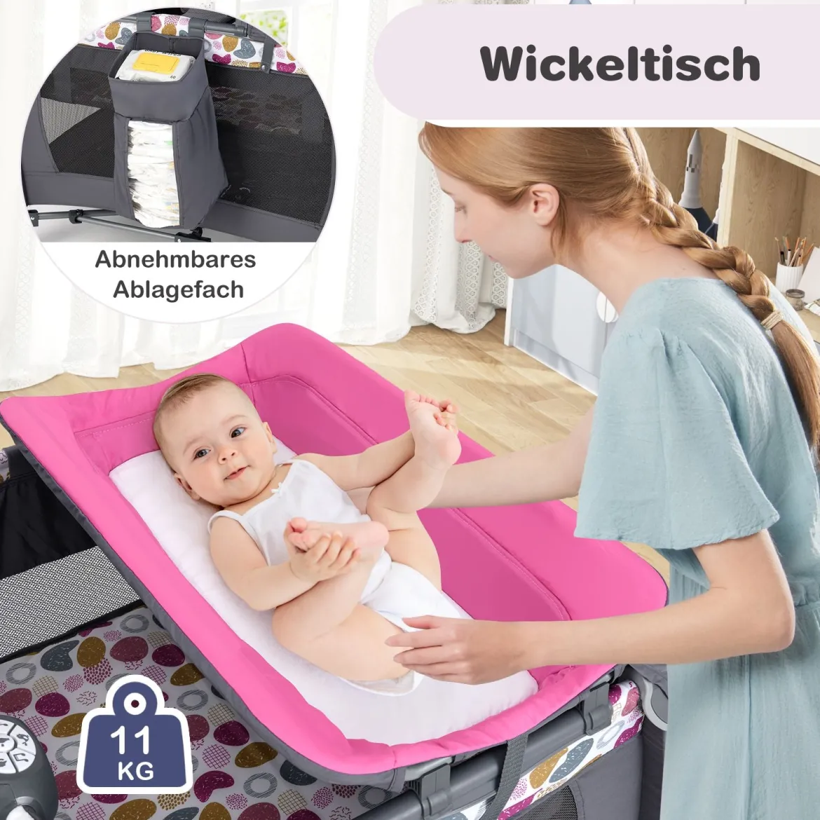 Faltbares Reisebett & Laufstall tragbares Babybett mit Babywiege Wickeltisch Spielbogen Musikbox