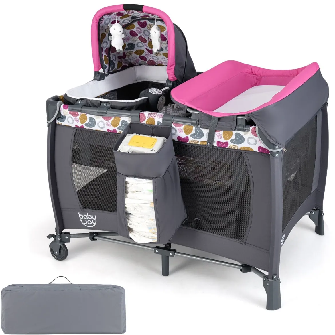Faltbares Reisebett & Laufstall tragbares Babybett mit Babywiege Wickeltisch Spielbogen Musikbox