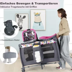 Faltbares Reisebett & Laufstall tragbares Babybett mit Babywiege Wickeltisch Spielbogen Musikbox