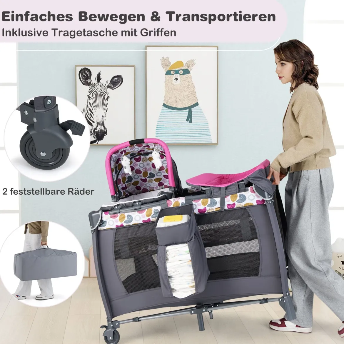 Faltbares Reisebett & Laufstall tragbares Babybett mit Babywiege Wickeltisch Spielbogen Musikbox