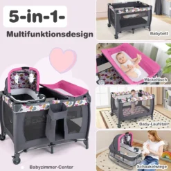 Faltbares Reisebett & Laufstall tragbares Babybett mit Babywiege Wickeltisch Spielbogen Musikbox