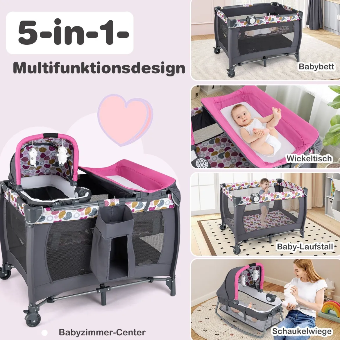 Faltbares Reisebett & Laufstall tragbares Babybett mit Babywiege Wickeltisch Spielbogen Musikbox