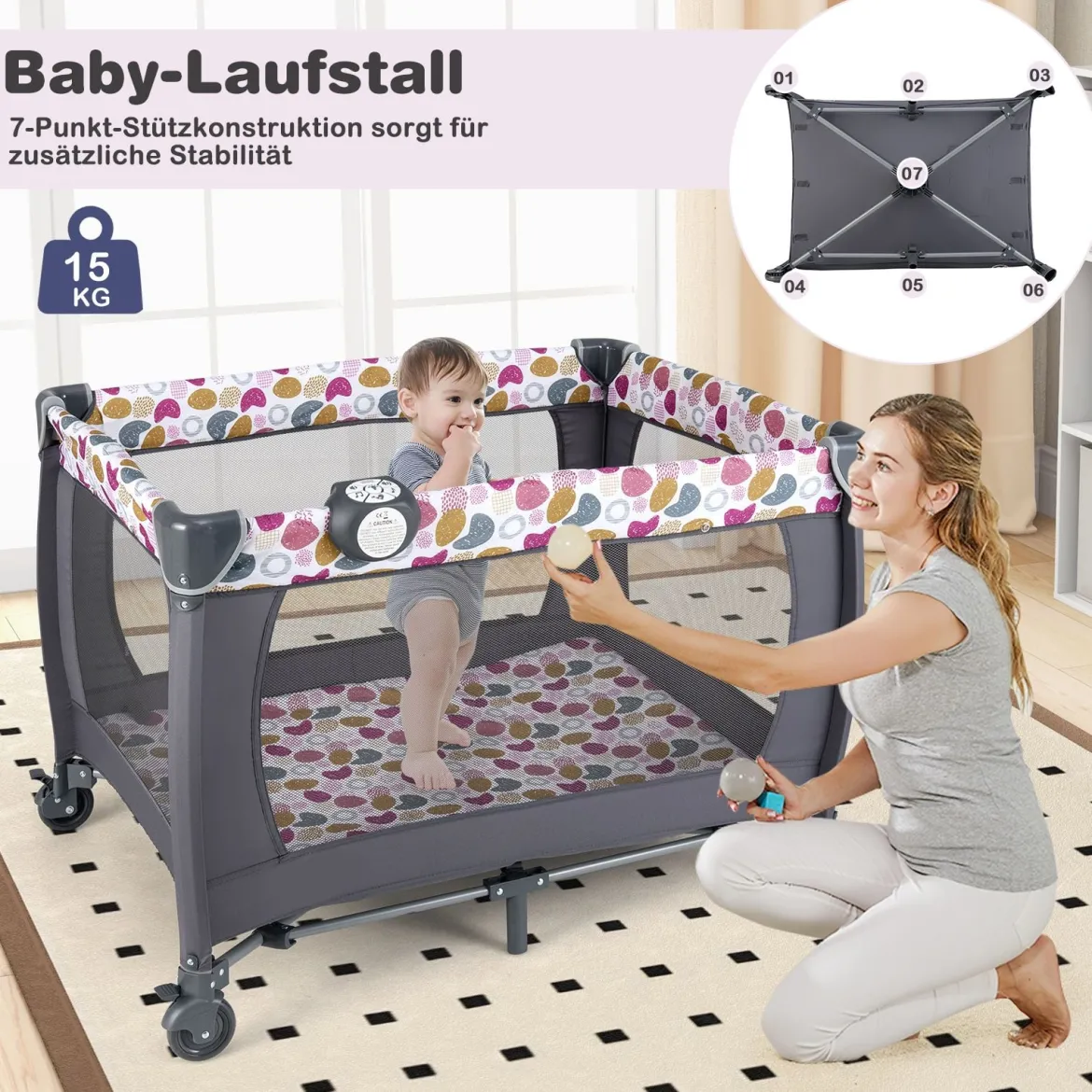 Faltbares Reisebett & Laufstall tragbares Babybett mit Babywiege Wickeltisch Spielbogen Musikbox