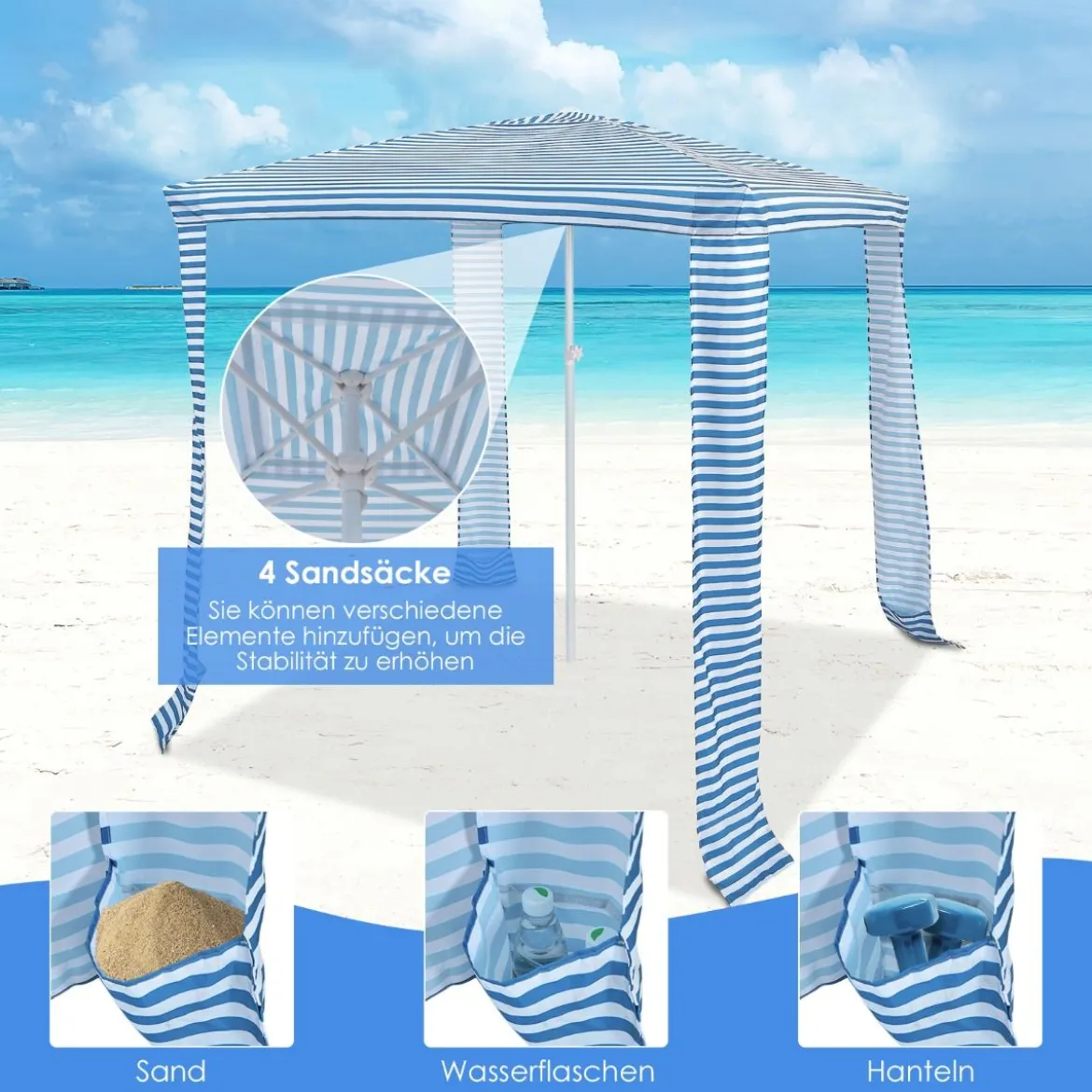 Faltbare Strandkabine Strandüberdachung mit Tragetasche 202 x 202 x 233-270 cm Hellblau