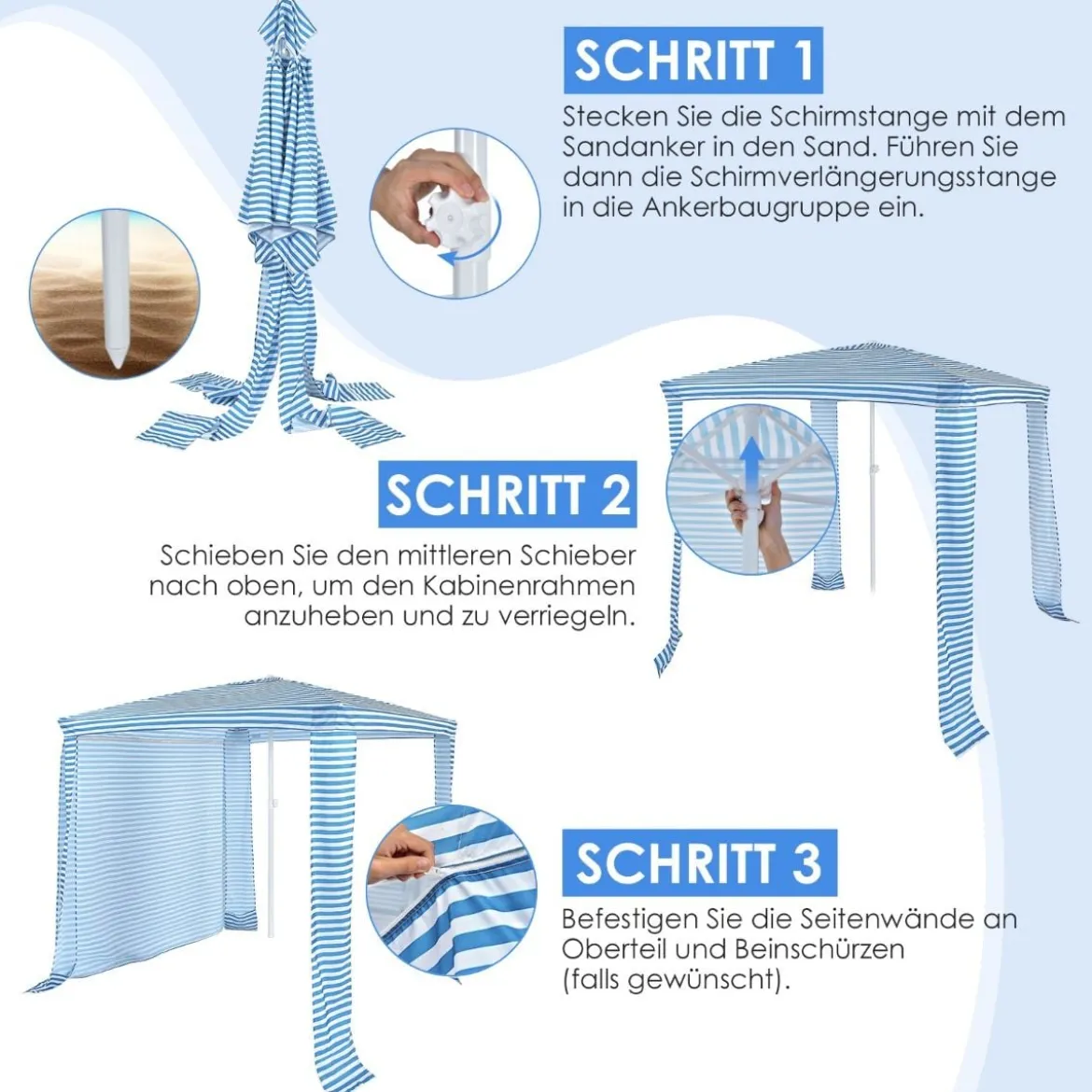 Faltbare Strandkabine Strandüberdachung mit Tragetasche 202 x 202 x 233-270 cm Hellblau