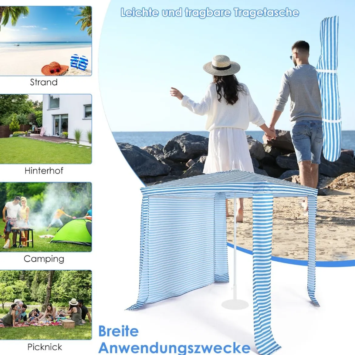 Faltbare Strandkabine Strandüberdachung mit Tragetasche 202 x 202 x 233-270 cm Hellblau