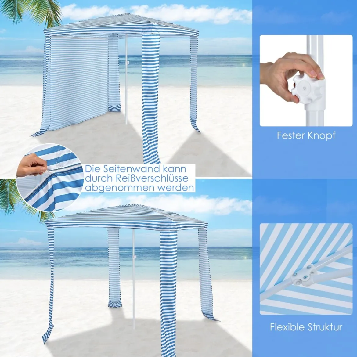 Faltbare Strandkabine Strandüberdachung mit Tragetasche 202 x 202 x 233-270 cm Hellblau