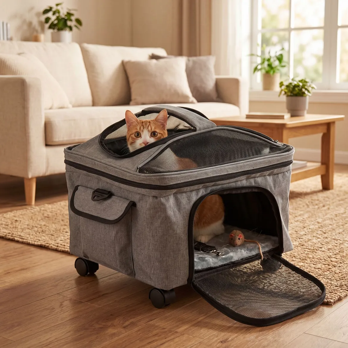 Faltbare Transportbox für Katze mit Tragegriff & Rollen bis zu 15 kg Tragbar 43 x 33 x 35 cm Schwarz