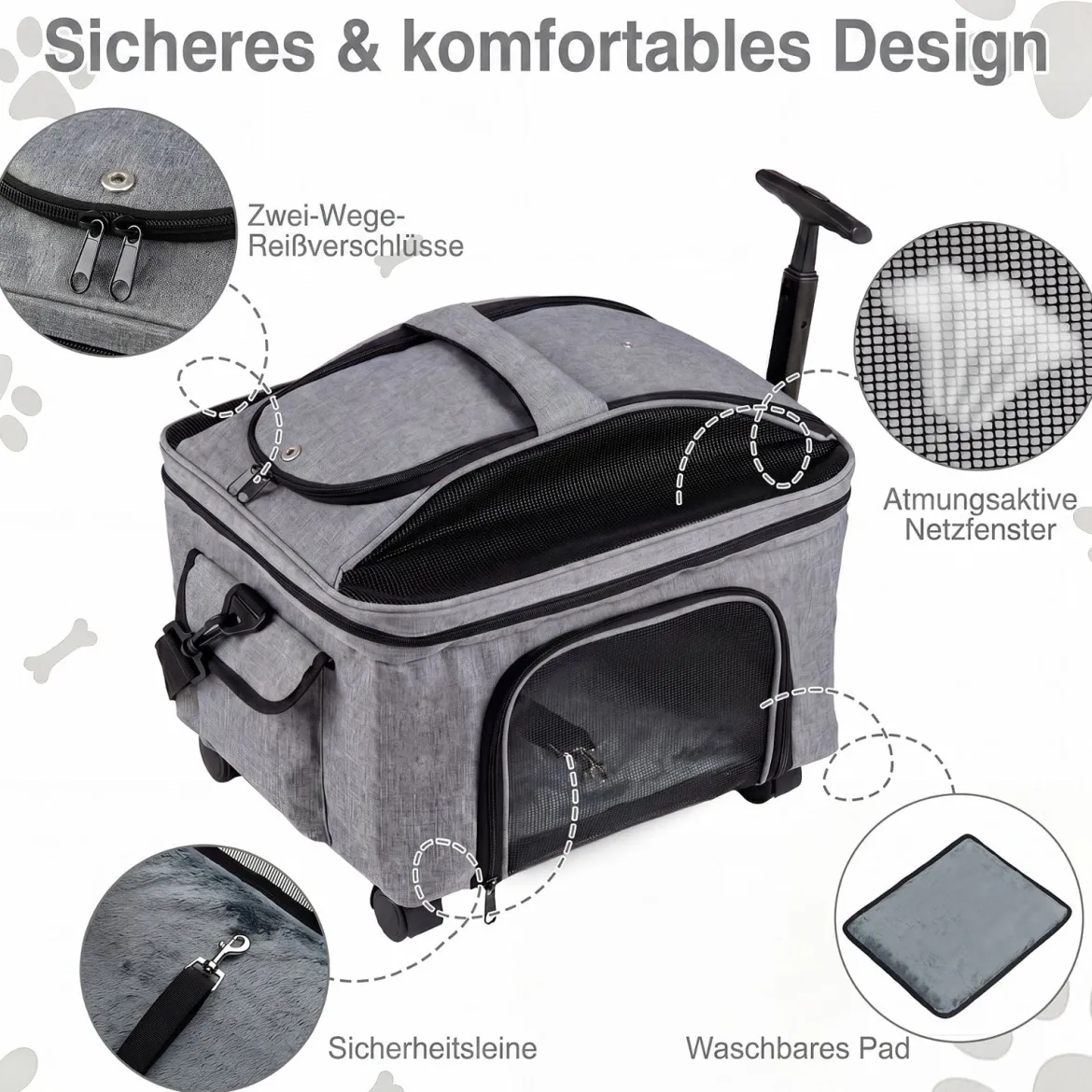 Faltbare Transportbox für Katze mit Tragegriff & Rollen bis zu 15 kg Tragbar 43 x 33 x 35 cm Schwarz