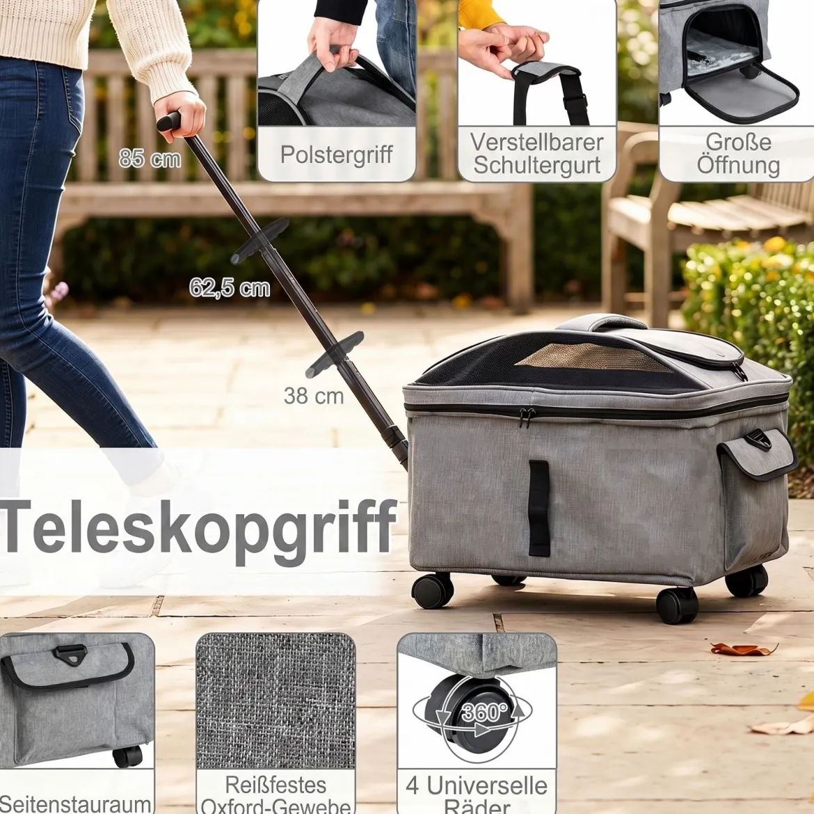 Faltbare Transportbox für Katze mit Tragegriff & Rollen bis zu 15 kg Tragbar 43 x 33 x 35 cm Schwarz