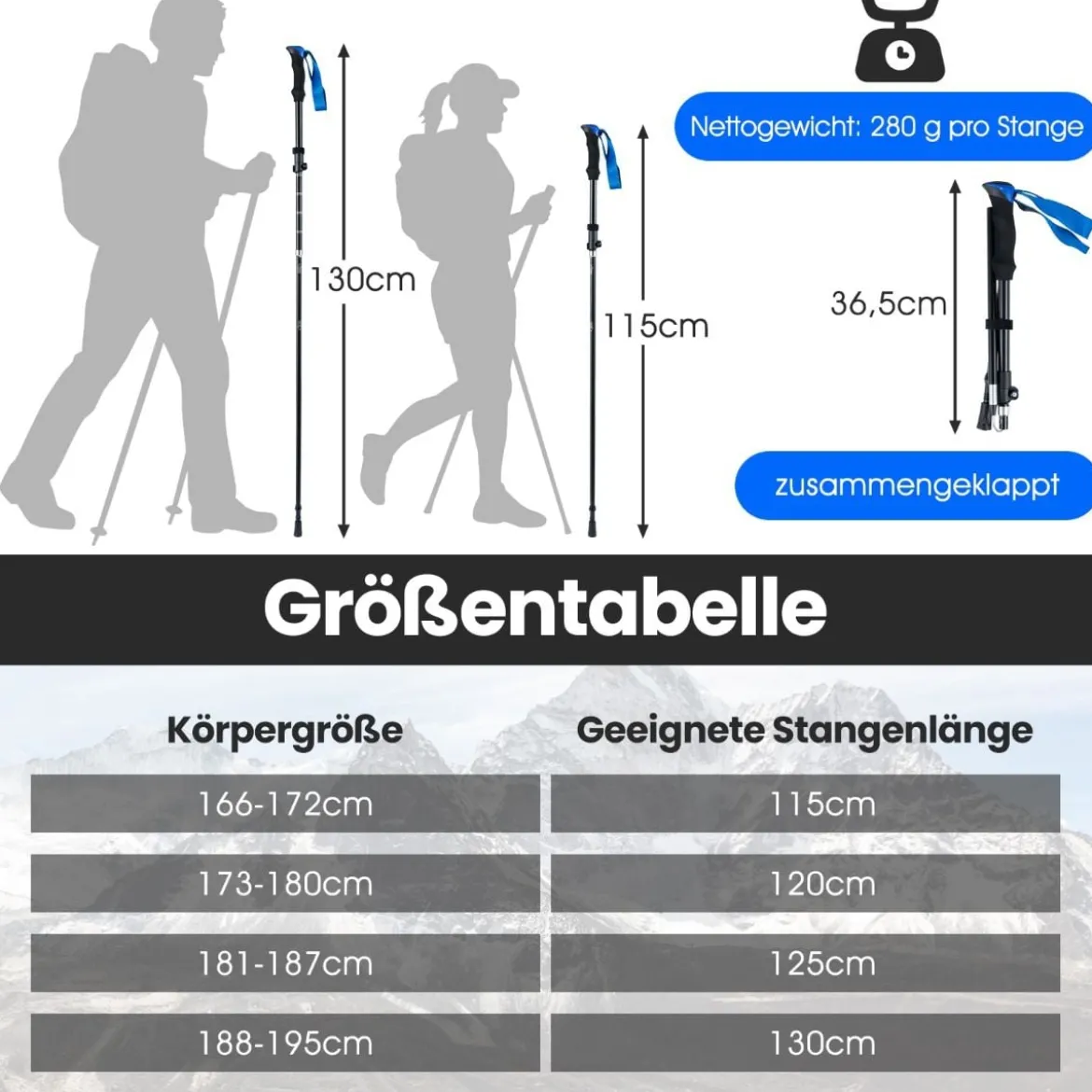 Faltbare Trekkingstöcke mit Schnellverschluss Wanderstöcke für 166-195 cm Körpergröße Blau