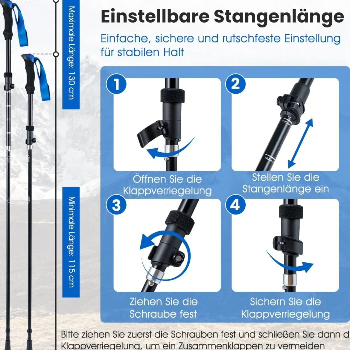 Faltbare Trekkingstöcke mit Schnellverschluss Wanderstöcke für 166-195 cm Körpergröße Blau