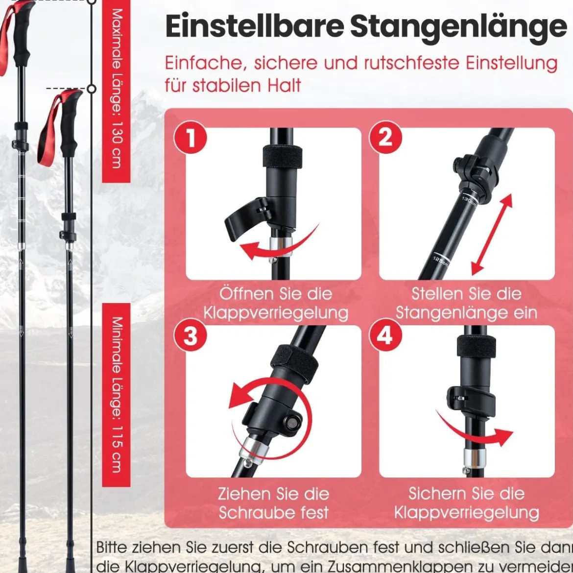 Faltbare Trekkingstöcke mit Schnellverschluss Wanderstöcke für 166-195 cm Körpergröße Rot