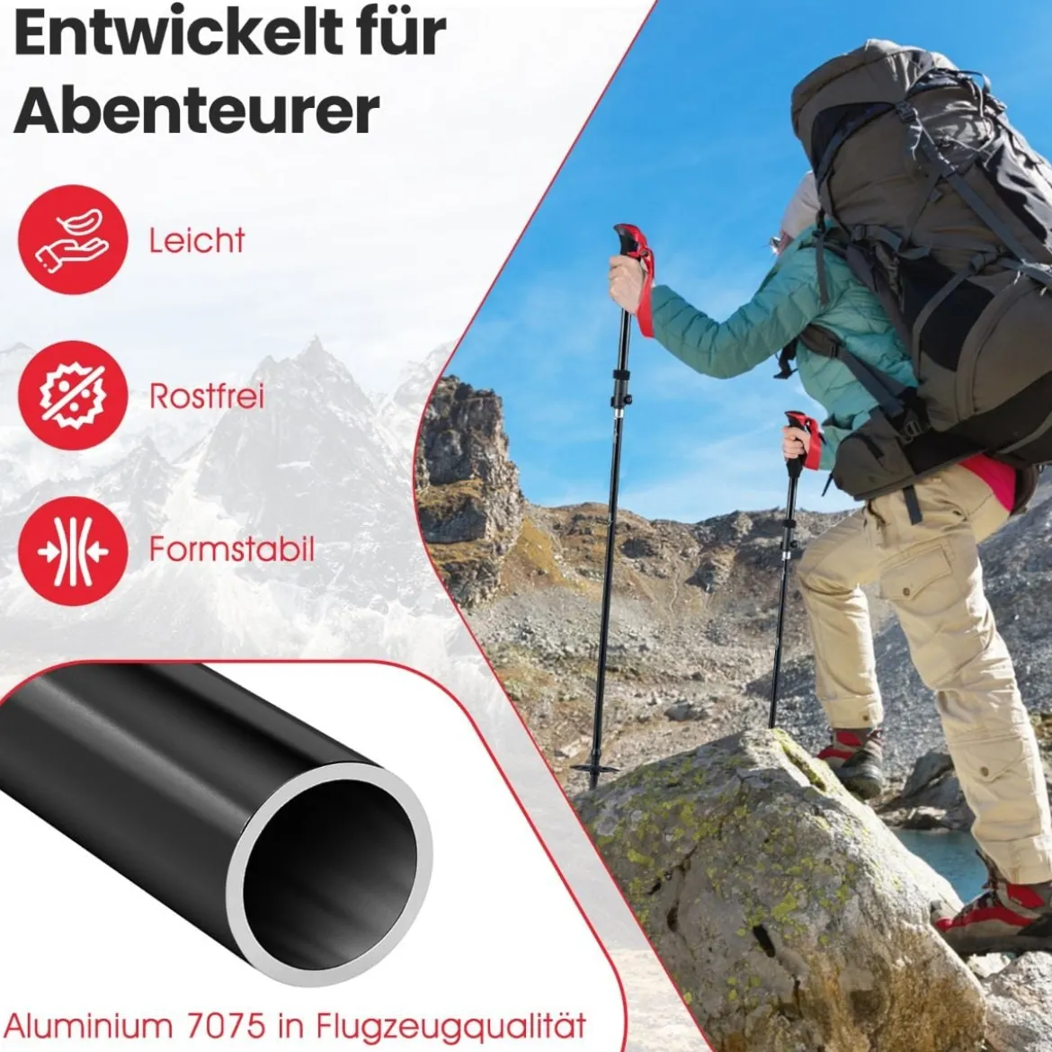 Faltbare Trekkingstöcke mit Schnellverschluss Wanderstöcke für 166-195 cm Körpergröße Rot