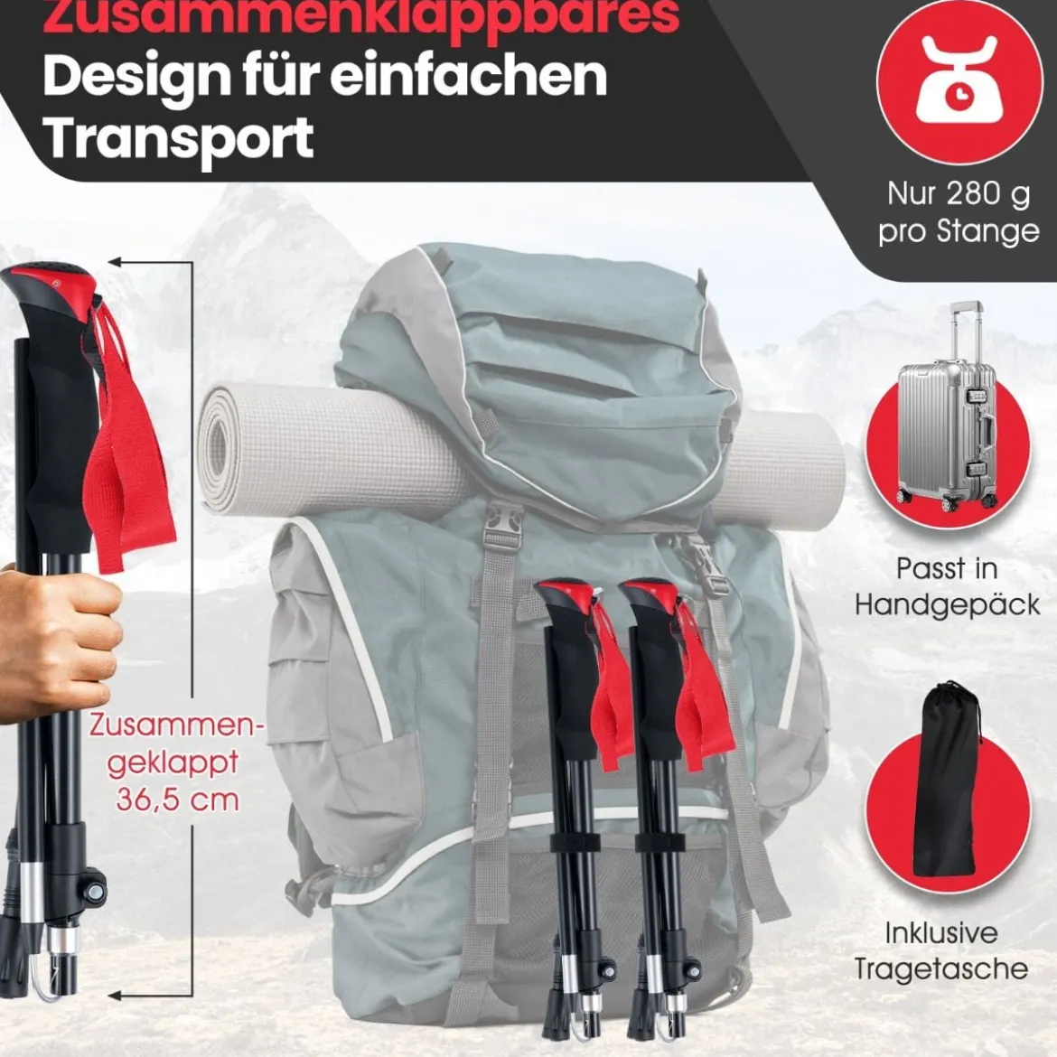 Faltbare Trekkingstöcke mit Schnellverschluss Wanderstöcke für 166-195 cm Körpergröße Rot
