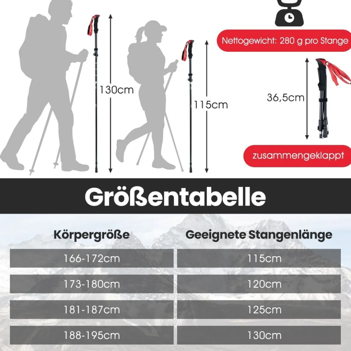 Faltbare Trekkingstöcke mit Schnellverschluss Wanderstöcke für 166-195 cm Körpergröße Rot