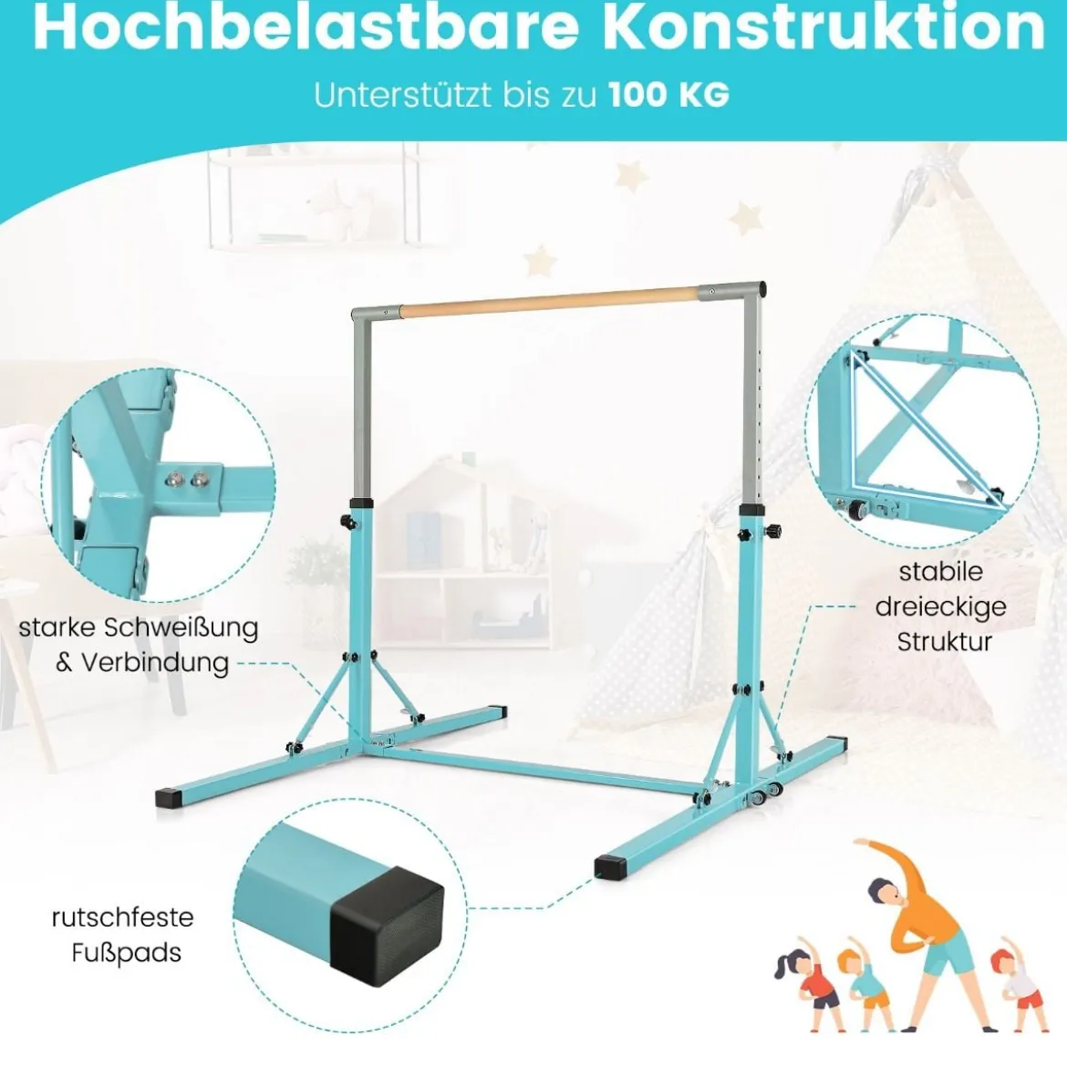 Faltbare Turnstange für Kinder Wackelfreies Heim-Fitnessgerät mit Gymnastikmatte Grün