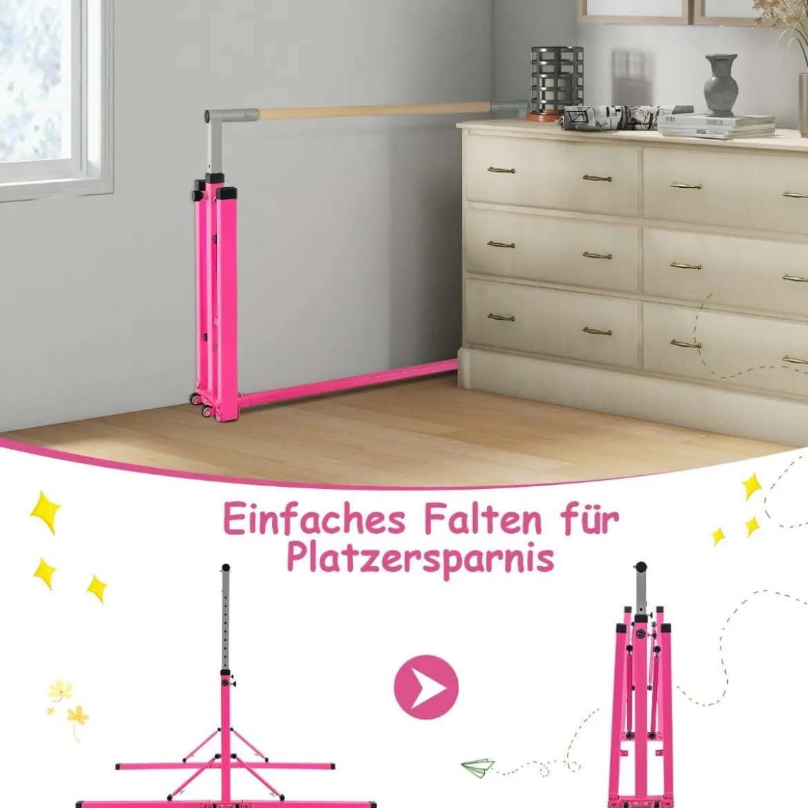 Faltbare Turnstange für Kinder Wackelfreies Heim-Fitnessgerät mit Gymnastikmatte Rosa
