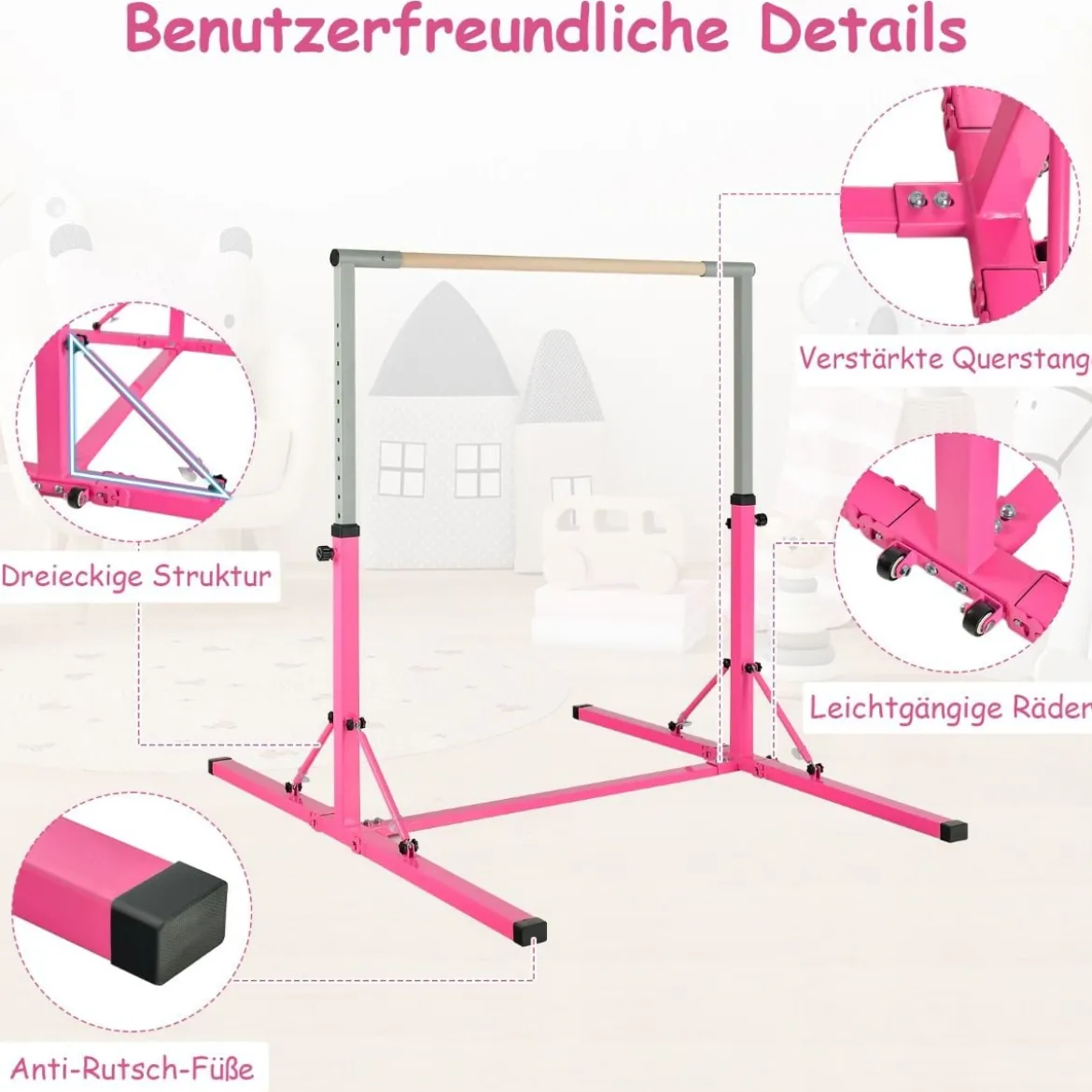 Faltbare Turnstange für Kinder Wackelfreies Heim-Fitnessgerät mit Gymnastikmatte Rosa