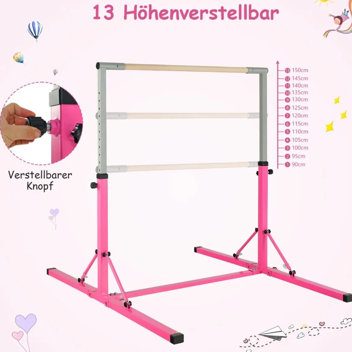 Faltbare Turnstange für Kinder Wackelfreies Heim-Fitnessgerät mit Gymnastikmatte Rosa