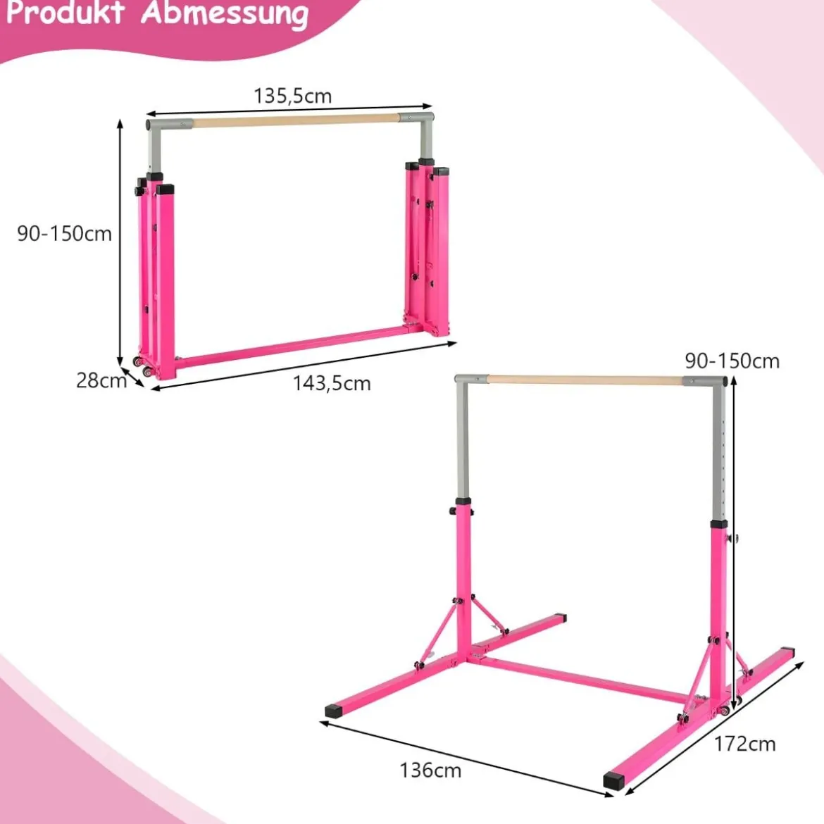 Faltbare Turnstange für Kinder Wackelfreies Heim-Fitnessgerät mit Gymnastikmatte Rosa