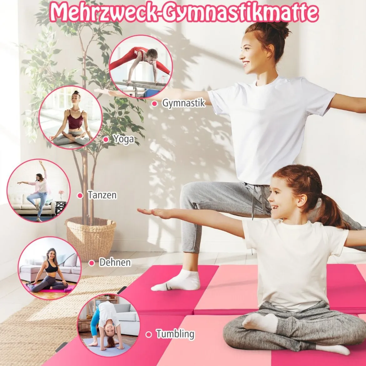 Faltbare Turnstange für Kinder Wackelfreies Heim-Fitnessgerät mit Gymnastikmatte Rosa