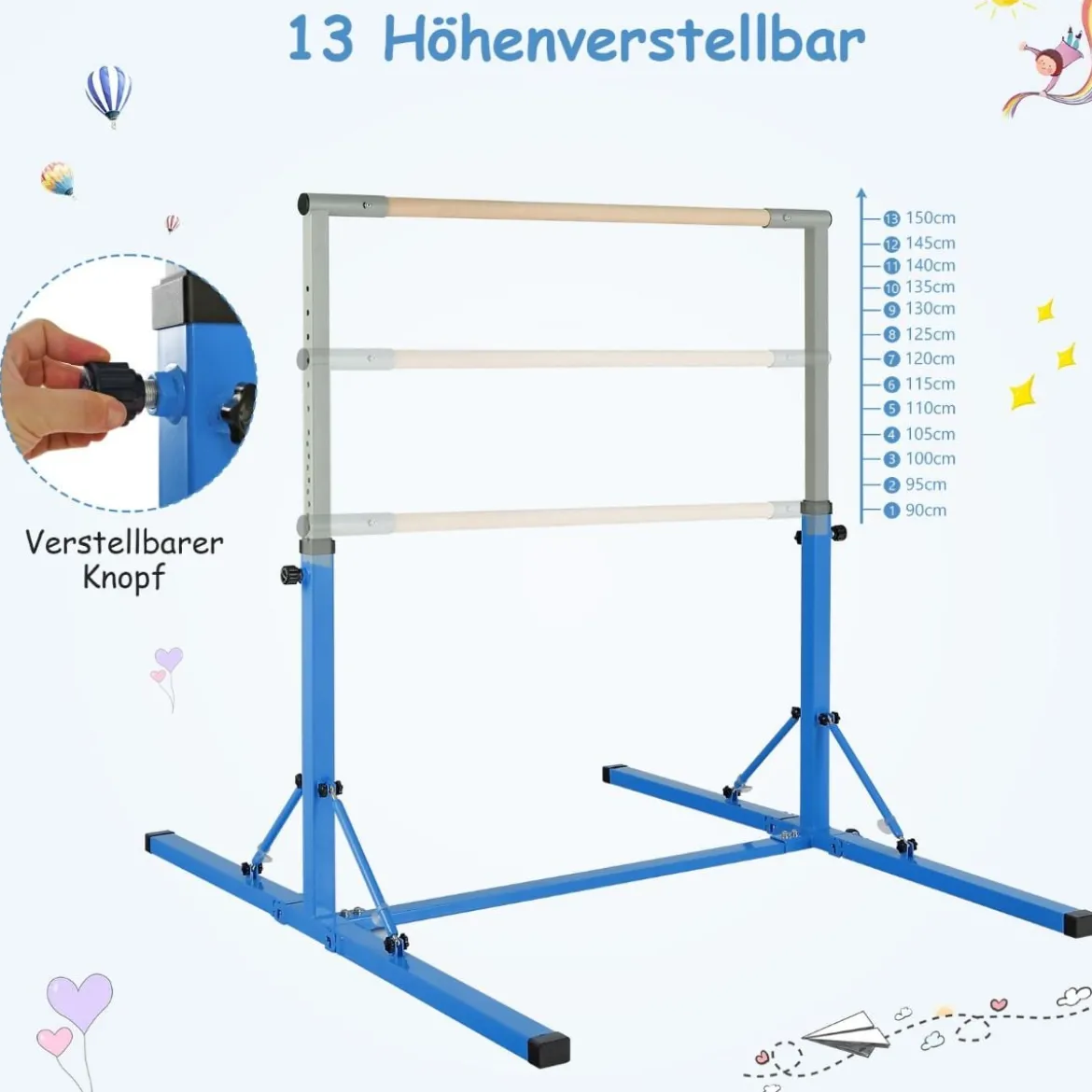 Faltbare Turnstange für Kinder Wackelfreies Heim-Fitnessgerät mit Gymnastikmatte Blau