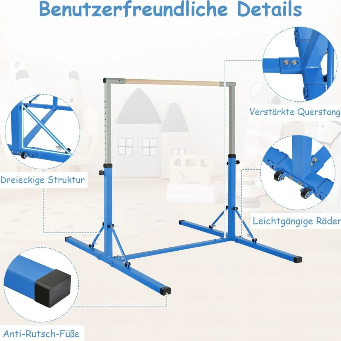 Faltbare Turnstange für Kinder Wackelfreies Heim-Fitnessgerät mit Gymnastikmatte Blau