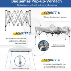 Faltpavillon 3 m x 3 m Großes Aufklappbares Vordach Weiß mit Tragetasche mit 3-stufiger Höhenverstellung
