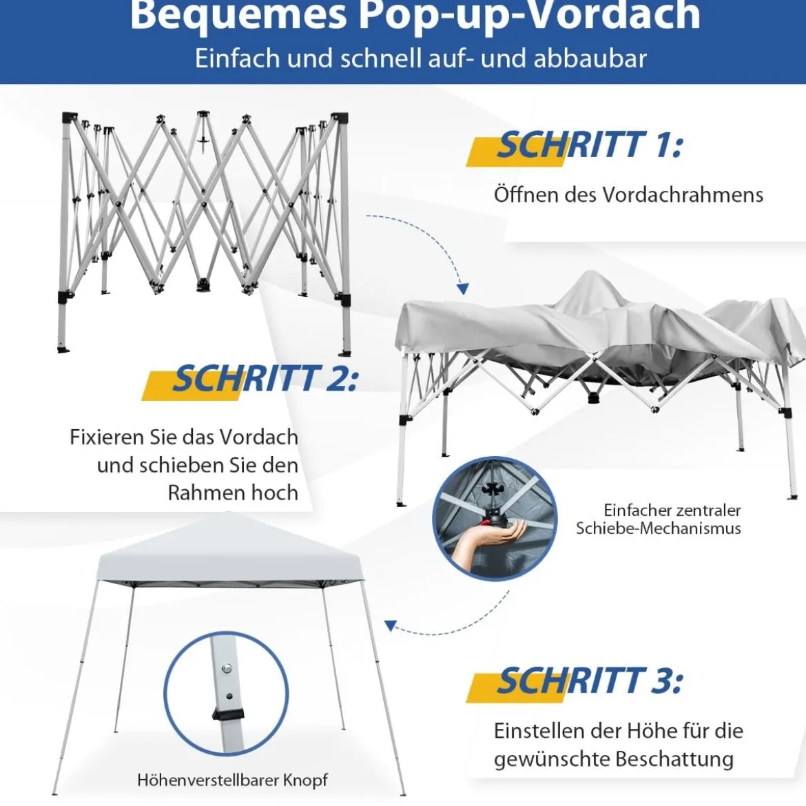 Faltpavillon 3 m x 3 m Großes Aufklappbares Vordach Weiß mit Tragetasche mit 3-stufiger Höhenverstellung